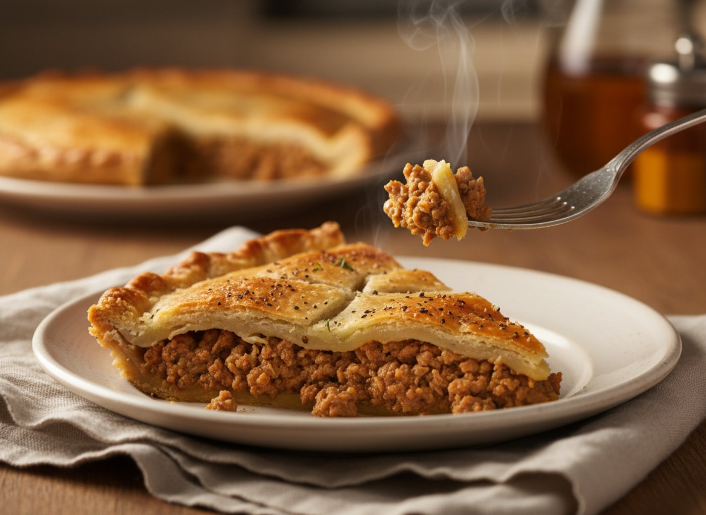 Pointe de tourtière, fumante, à la fourchette