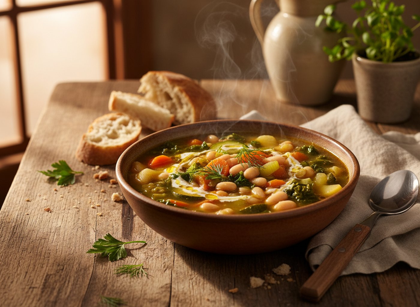 Soupe aux gourganes, légumes, pain frais