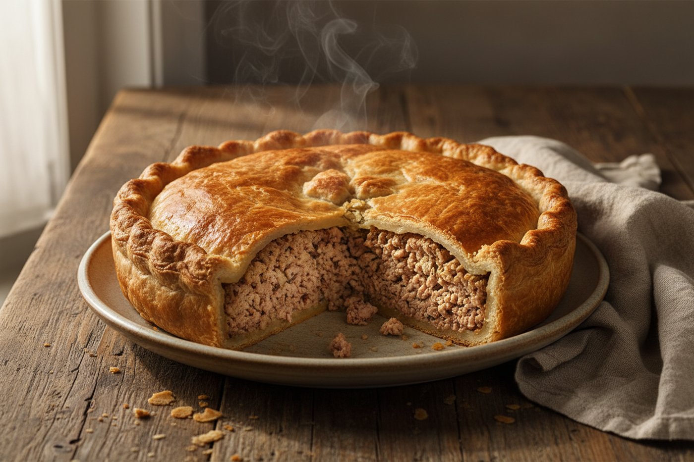 Tourtière du Lac-Saint-Jean coupée, vapeur, garniture visible